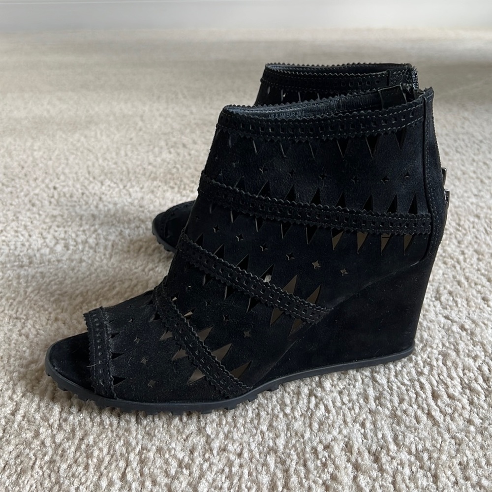 Via Spiga Black Suede Cutout Wedge Sandals